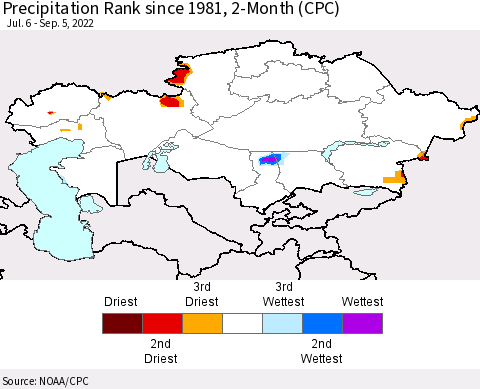 Kazakhstan Precipitation Rank since 1981, 2-Month (CPC) Thematic Map For 7/6/2022 - 9/5/2022