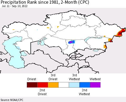 Kazakhstan Precipitation Rank since 1981, 2-Month (CPC) Thematic Map For 7/11/2022 - 9/10/2022