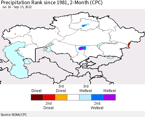 Kazakhstan Precipitation Rank since 1981, 2-Month (CPC) Thematic Map For 7/16/2022 - 9/15/2022