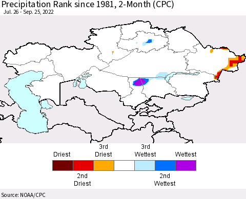 Kazakhstan Precipitation Rank since 1981, 2-Month (CPC) Thematic Map For 7/26/2022 - 9/25/2022