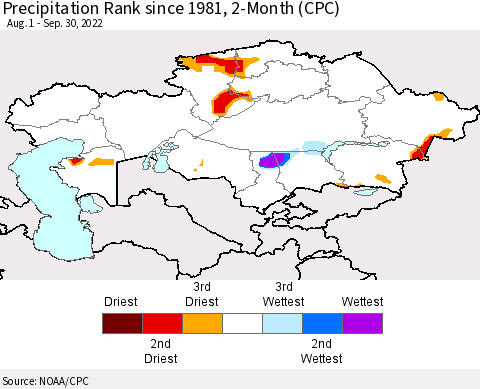 Kazakhstan Precipitation Rank since 1981, 2-Month (CPC) Thematic Map For 8/1/2022 - 9/30/2022