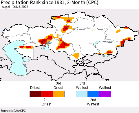 Kazakhstan Precipitation Rank since 1981, 2-Month (CPC) Thematic Map For 8/6/2022 - 10/5/2022