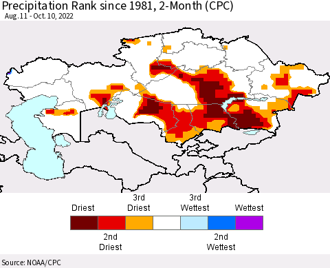 Kazakhstan Precipitation Rank since 1981, 2-Month (CPC) Thematic Map For 8/11/2022 - 10/10/2022