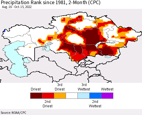 Kazakhstan Precipitation Rank since 1981, 2-Month (CPC) Thematic Map For 8/16/2022 - 10/15/2022