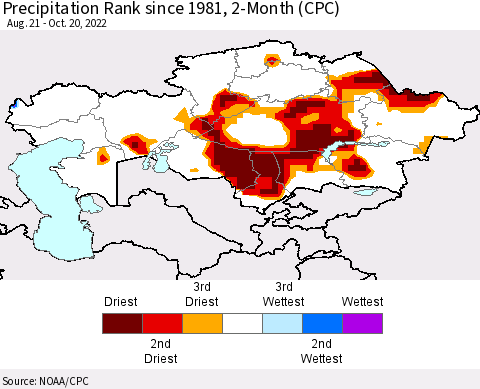 Kazakhstan Precipitation Rank since 1981, 2-Month (CPC) Thematic Map For 8/21/2022 - 10/20/2022