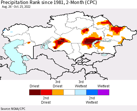 Kazakhstan Precipitation Rank since 1981, 2-Month (CPC) Thematic Map For 8/26/2022 - 10/25/2022