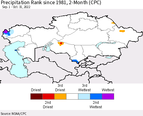 Kazakhstan Precipitation Rank since 1981, 2-Month (CPC) Thematic Map For 9/1/2022 - 10/31/2022