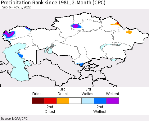 Kazakhstan Precipitation Rank since 1981, 2-Month (CPC) Thematic Map For 9/6/2022 - 11/5/2022