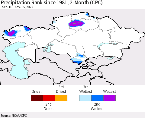 Kazakhstan Precipitation Rank since 1981, 2-Month (CPC) Thematic Map For 9/16/2022 - 11/15/2022