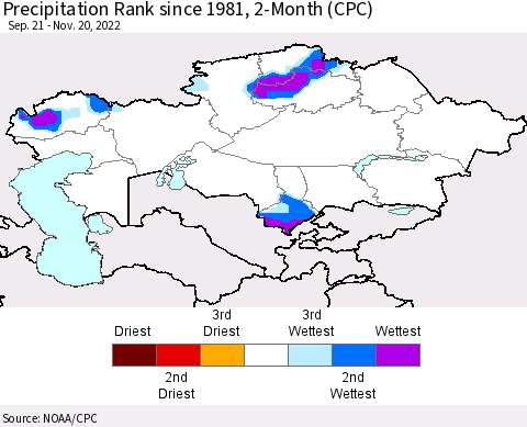Kazakhstan Precipitation Rank since 1981, 2-Month (CPC) Thematic Map For 9/21/2022 - 11/20/2022