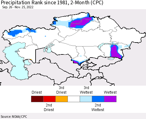 Kazakhstan Precipitation Rank since 1981, 2-Month (CPC) Thematic Map For 9/26/2022 - 11/25/2022