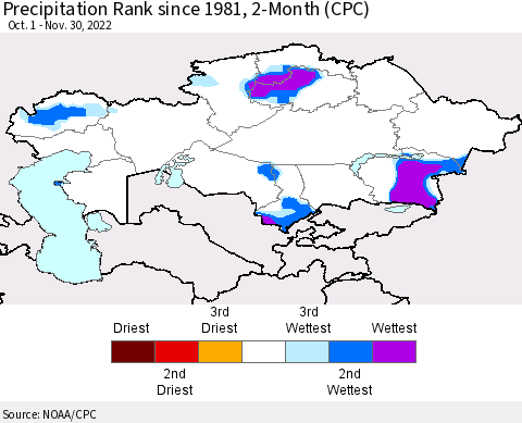 Kazakhstan Precipitation Rank since 1981, 2-Month (CPC) Thematic Map For 10/1/2022 - 11/30/2022