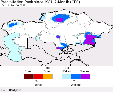 Kazakhstan Precipitation Rank since 1981, 2-Month (CPC) Thematic Map For 10/11/2022 - 12/10/2022