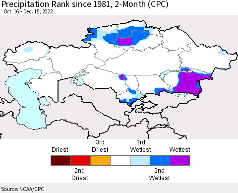 Kazakhstan Precipitation Rank since 1981, 2-Month (CPC) Thematic Map For 10/16/2022 - 12/15/2022