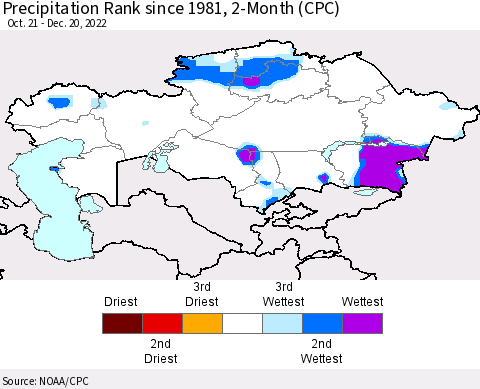 Kazakhstan Precipitation Rank since 1981, 2-Month (CPC) Thematic Map For 10/21/2022 - 12/20/2022