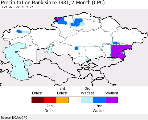 Kazakhstan Precipitation Rank since 1981, 2-Month (CPC) Thematic Map For 10/26/2022 - 12/25/2022