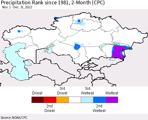 Kazakhstan Precipitation Rank since 1981, 2-Month (CPC) Thematic Map For 11/1/2022 - 12/31/2022