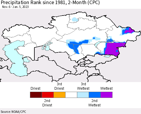 Kazakhstan Precipitation Rank since 1981, 2-Month (CPC) Thematic Map For 11/6/2022 - 1/5/2023