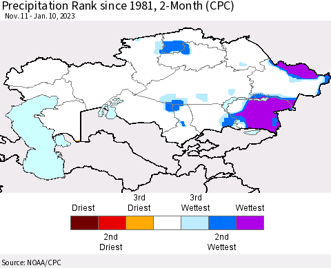 Kazakhstan Precipitation Rank since 1981, 2-Month (CPC) Thematic Map For 11/11/2022 - 1/10/2023