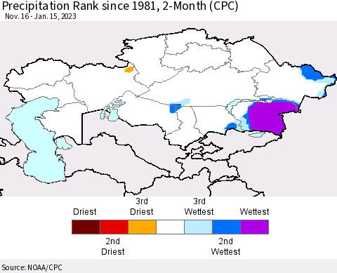 Kazakhstan Precipitation Rank since 1981, 2-Month (CPC) Thematic Map For 11/16/2022 - 1/15/2023