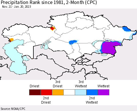 Kazakhstan Precipitation Rank since 1981, 2-Month (CPC) Thematic Map For 11/21/2022 - 1/20/2023