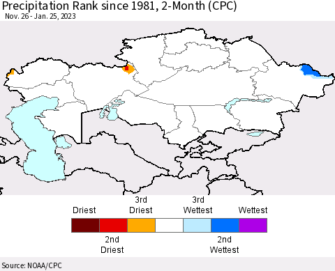 Kazakhstan Precipitation Rank since 1981, 2-Month (CPC) Thematic Map For 11/26/2022 - 1/25/2023