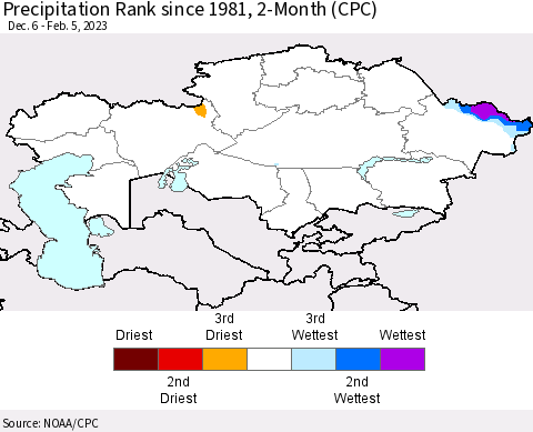 Kazakhstan Precipitation Rank since 1981, 2-Month (CPC) Thematic Map For 12/6/2022 - 2/5/2023