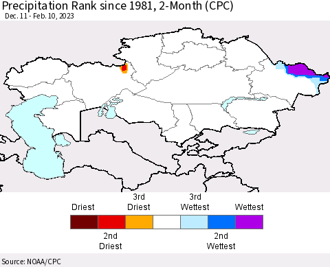 Kazakhstan Precipitation Rank since 1981, 2-Month (CPC) Thematic Map For 12/11/2022 - 2/10/2023