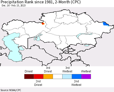 Kazakhstan Precipitation Rank since 1981, 2-Month (CPC) Thematic Map For 12/16/2022 - 2/15/2023