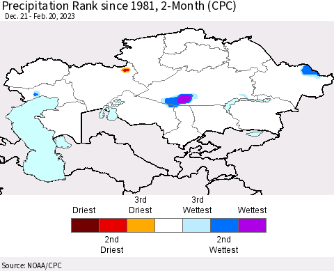 Kazakhstan Precipitation Rank since 1981, 2-Month (CPC) Thematic Map For 12/21/2022 - 2/20/2023