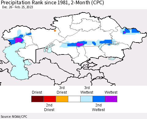 Kazakhstan Precipitation Rank since 1981, 2-Month (CPC) Thematic Map For 12/26/2022 - 2/25/2023
