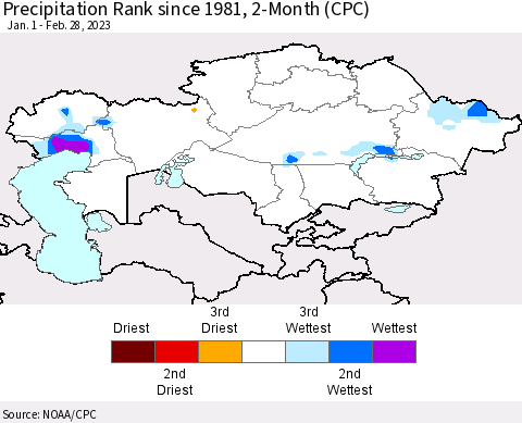 Kazakhstan Precipitation Rank since 1981, 2-Month (CPC) Thematic Map For 1/1/2023 - 2/28/2023