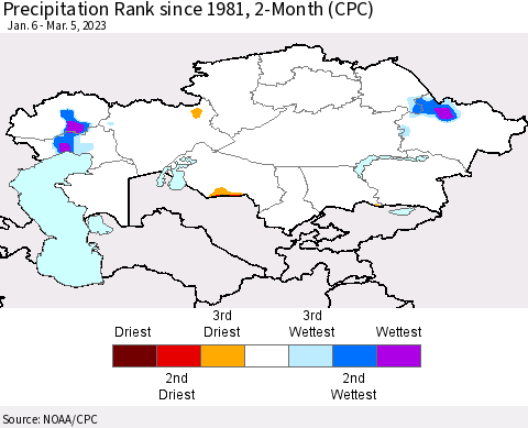 Kazakhstan Precipitation Rank since 1981, 2-Month (CPC) Thematic Map For 1/6/2023 - 3/5/2023