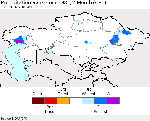 Kazakhstan Precipitation Rank since 1981, 2-Month (CPC) Thematic Map For 1/11/2023 - 3/10/2023