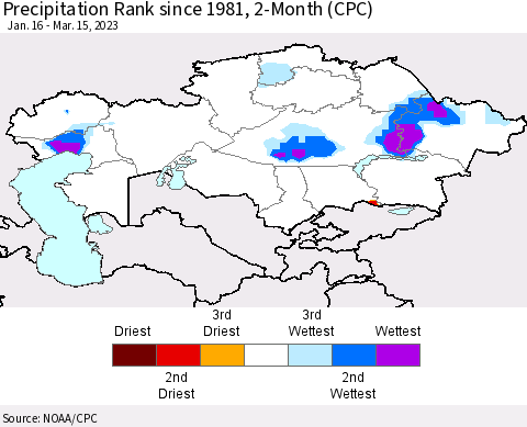 Kazakhstan Precipitation Rank since 1981, 2-Month (CPC) Thematic Map For 1/16/2023 - 3/15/2023