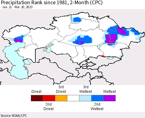 Kazakhstan Precipitation Rank since 1981, 2-Month (CPC) Thematic Map For 1/21/2023 - 3/20/2023