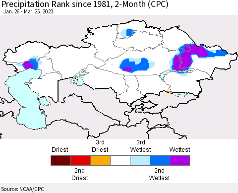 Kazakhstan Precipitation Rank since 1981, 2-Month (CPC) Thematic Map For 1/26/2023 - 3/25/2023