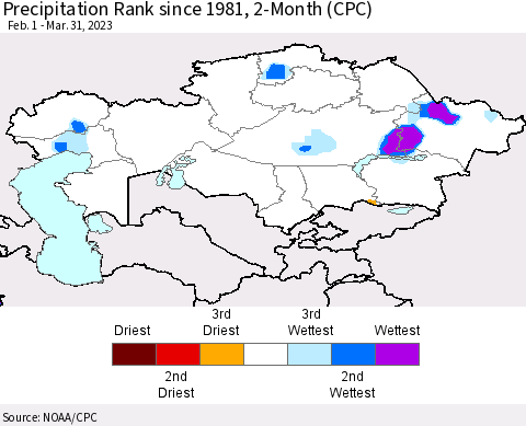 Kazakhstan Precipitation Rank since 1981, 2-Month (CPC) Thematic Map For 2/1/2023 - 3/31/2023