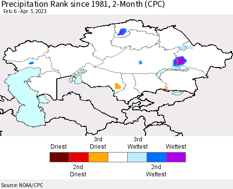 Kazakhstan Precipitation Rank since 1981, 2-Month (CPC) Thematic Map For 2/6/2023 - 4/5/2023