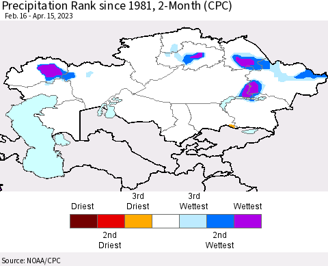 Kazakhstan Precipitation Rank since 1981, 2-Month (CPC) Thematic Map For 2/16/2023 - 4/15/2023