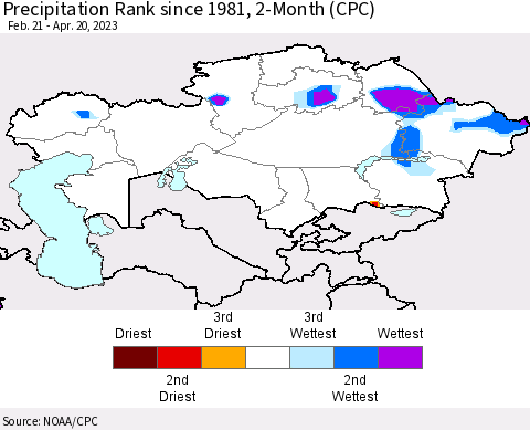 Kazakhstan Precipitation Rank since 1981, 2-Month (CPC) Thematic Map For 2/21/2023 - 4/20/2023