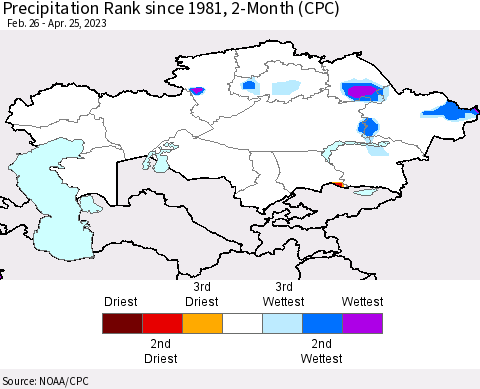 Kazakhstan Precipitation Rank since 1981, 2-Month (CPC) Thematic Map For 2/26/2023 - 4/25/2023