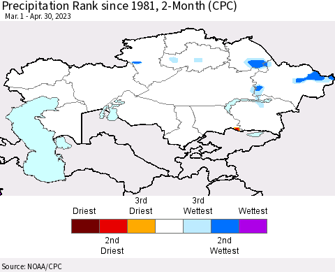 Kazakhstan Precipitation Rank since 1981, 2-Month (CPC) Thematic Map For 3/1/2023 - 4/30/2023