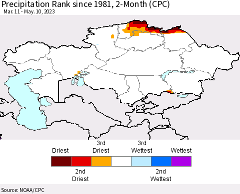 Kazakhstan Precipitation Rank since 1981, 2-Month (CPC) Thematic Map For 3/11/2023 - 5/10/2023
