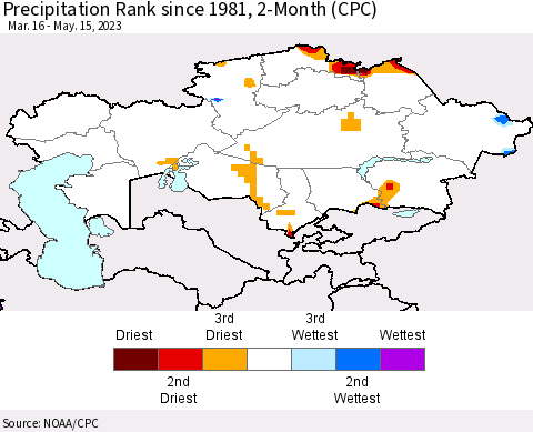 Kazakhstan Precipitation Rank since 1981, 2-Month (CPC) Thematic Map For 3/16/2023 - 5/15/2023