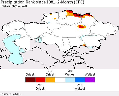 Kazakhstan Precipitation Rank since 1981, 2-Month (CPC) Thematic Map For 3/21/2023 - 5/20/2023