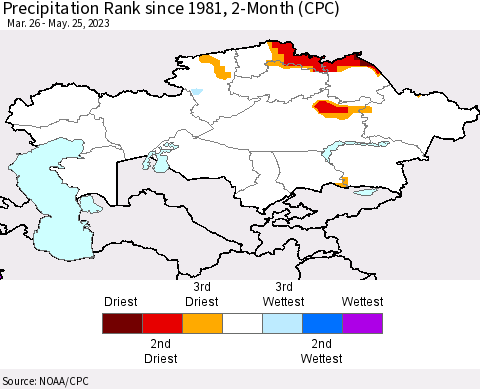 Kazakhstan Precipitation Rank since 1981, 2-Month (CPC) Thematic Map For 3/26/2023 - 5/25/2023