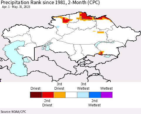 Kazakhstan Precipitation Rank since 1981, 2-Month (CPC) Thematic Map For 4/1/2023 - 5/31/2023