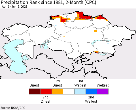 Kazakhstan Precipitation Rank since 1981, 2-Month (CPC) Thematic Map For 4/6/2023 - 6/5/2023