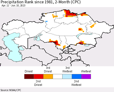 Kazakhstan Precipitation Rank since 1981, 2-Month (CPC) Thematic Map For 4/11/2023 - 6/10/2023
